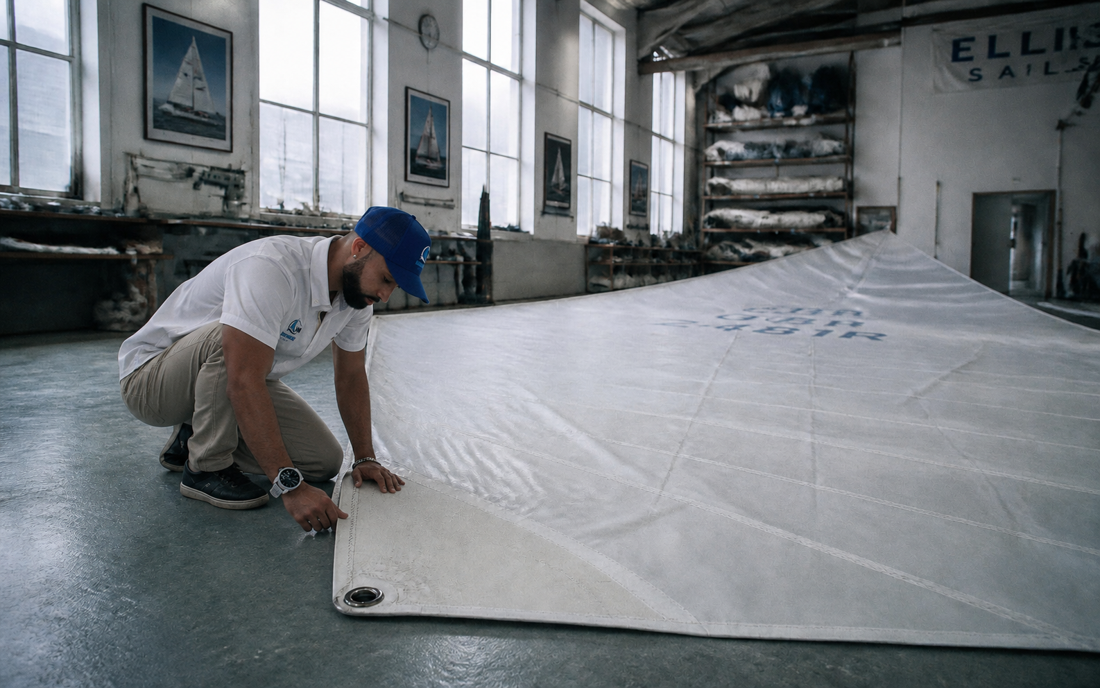 A new white sail with a reinforced corner ring laid out in the workshop