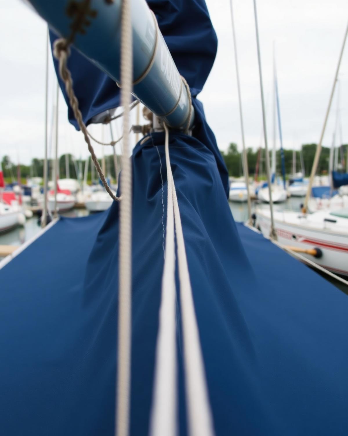 A navy marine canvas cover fitted over a sailboat boom in the marina