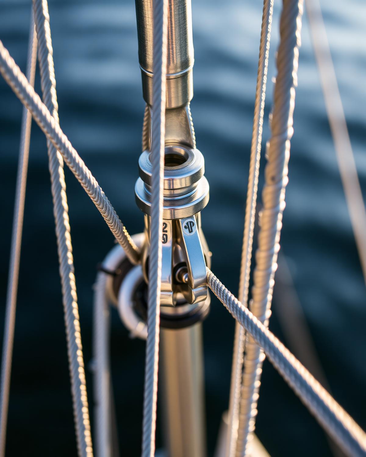 Close-up of a stainless steel rigging fitting and wire on a sailboat