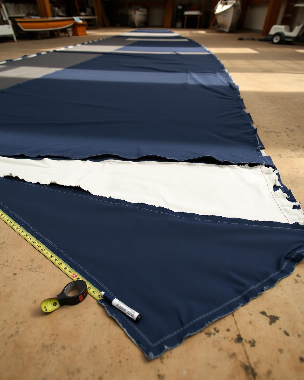 A sail panel laid out on the loft floor with a measuring tape and marker ready for repair
