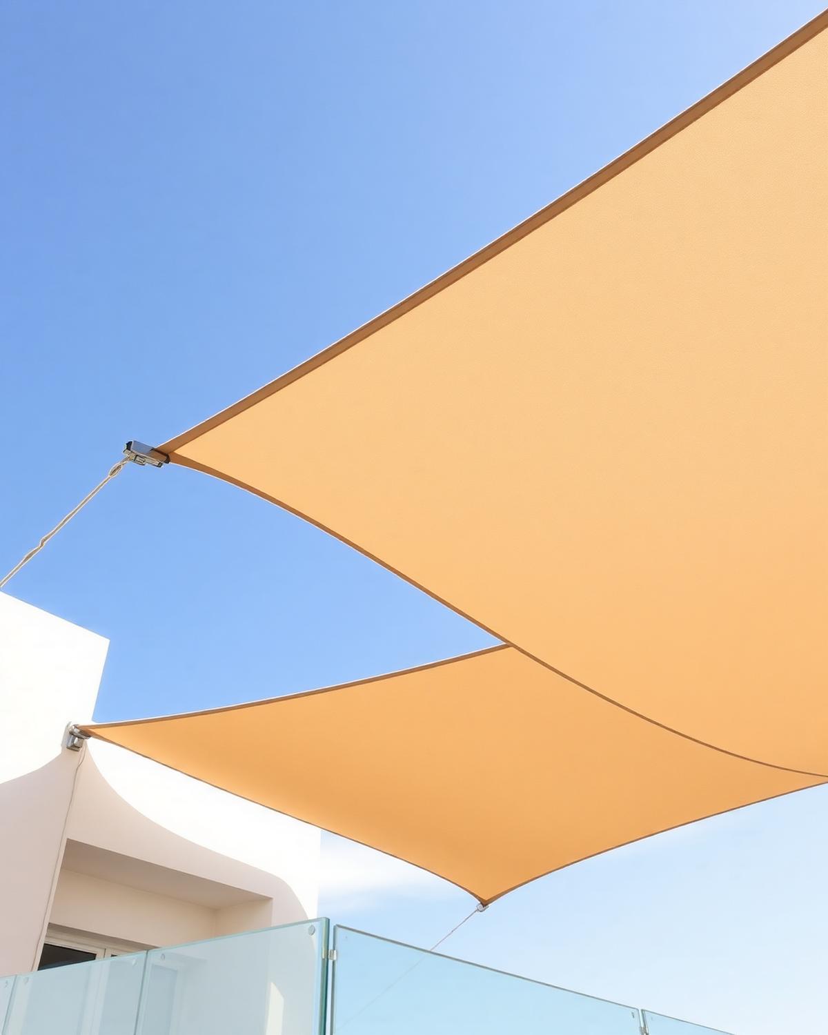 A tensioned shade sail stretched over a terrace against a clear sky